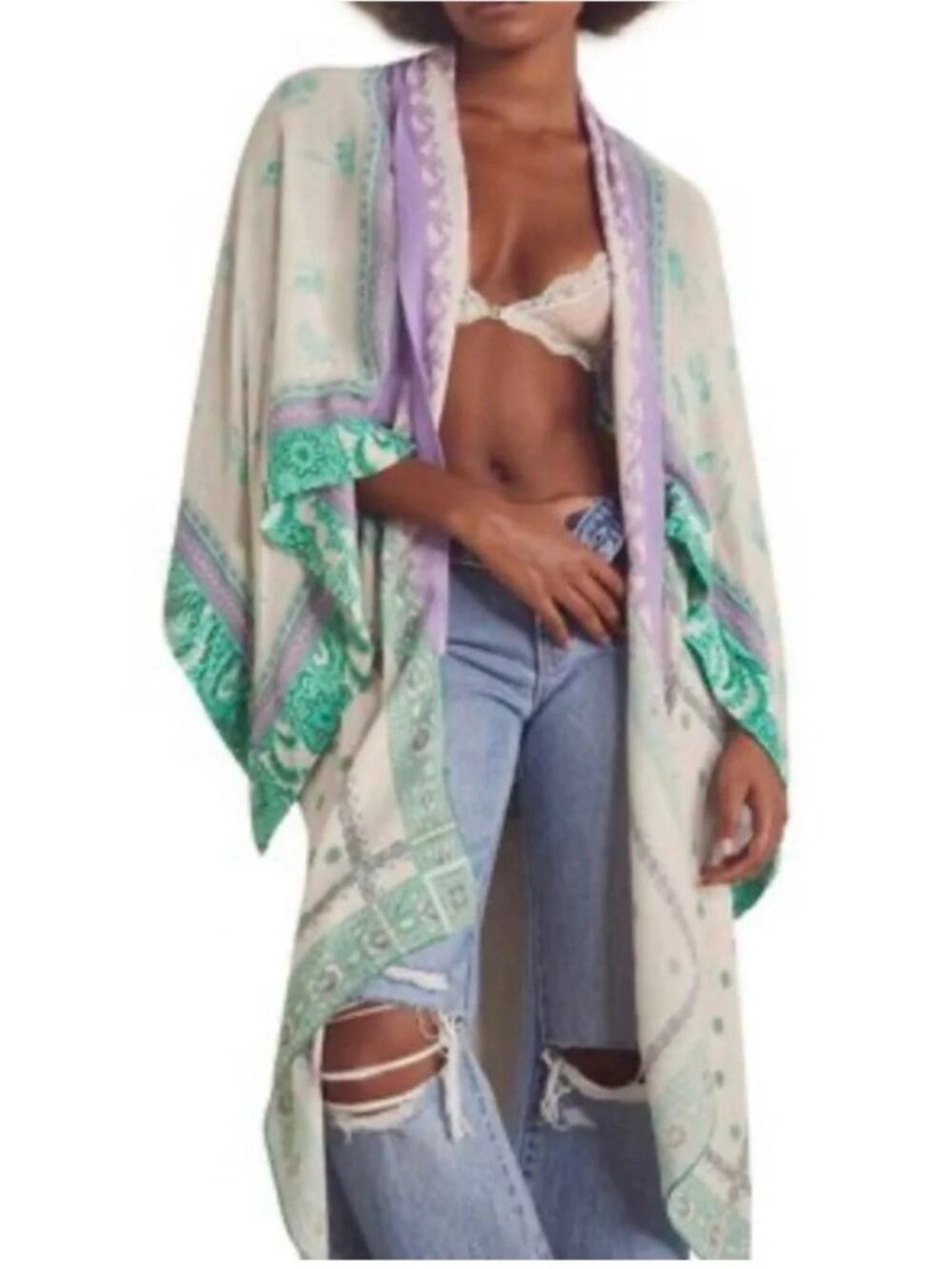 Free People KISS the SKY Butterfly Kimono lavender green floral paisley Wrap OS